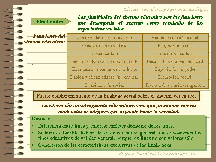 Educación en valores y experiencia axiológica Finalidades Funciones del sistema educativo: . Las finalidades