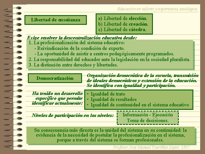 Educación en valores y experiencia axiológica Libertad de enseñanza a) Libertad de elección. b)