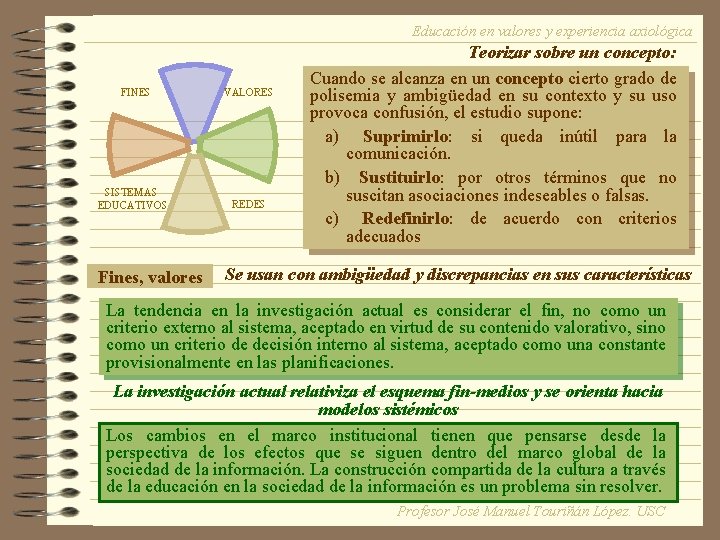 Educación en valores y experiencia axiológica FINES SISTEMAS EDUCATIVOS Fines, valores VALORES REDES Teorizar