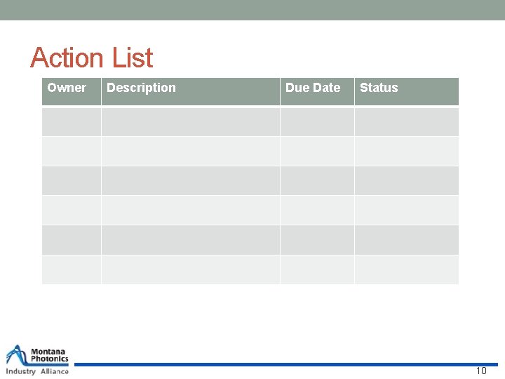 Action List Owner Description Due Date Status 10 