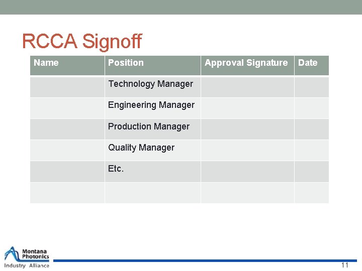 RCCA Signoff Name Position Approval Signature Date Technology Manager Engineering Manager Production Manager Quality
