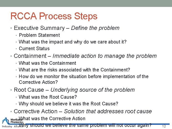 RCCA Process Steps • Executive Summary – Define the problem • Problem Statement •