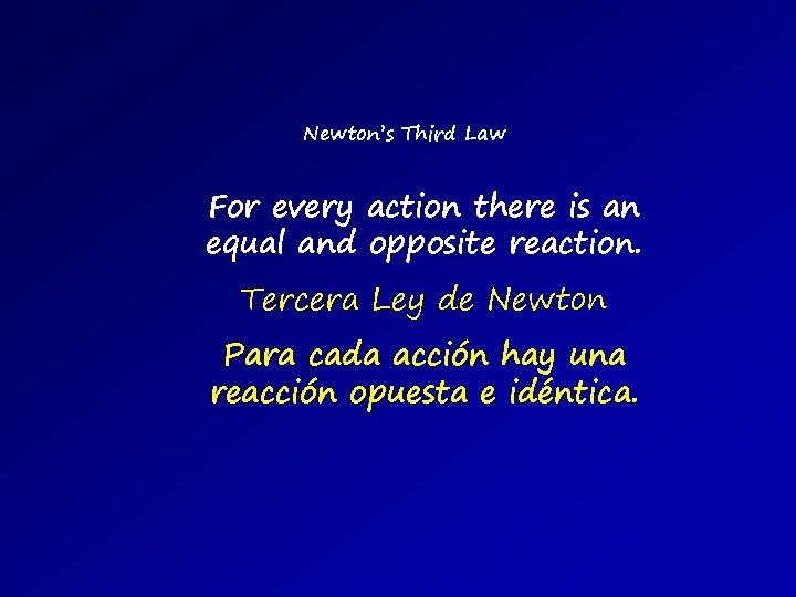 Newton’s Third Law For every action there is an equal and opposite reaction. Tercera Newton’s Third Law For every action there is an equal and opposite reaction. Tercera