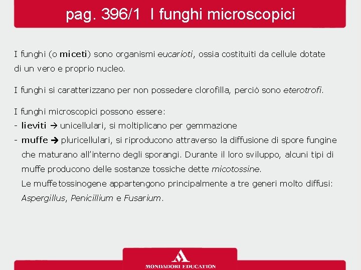 pag. 396/1 I funghi microscopici I funghi (o miceti) sono organismi eucarioti, ossia costituiti