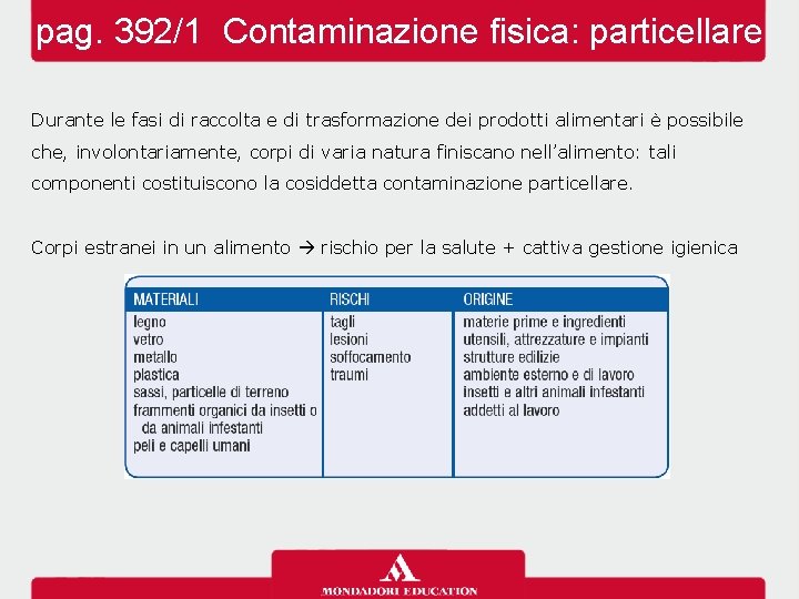 pag. 392/1 Contaminazione fisica: particellare Durante le fasi di raccolta e di trasformazione dei