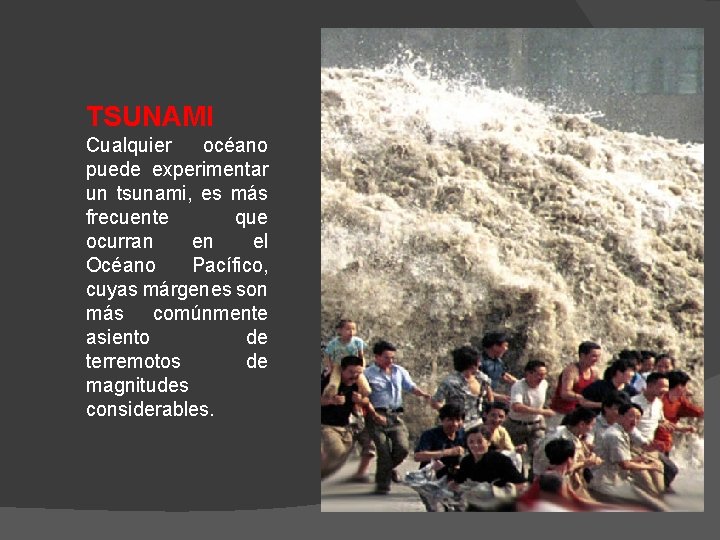 TSUNAMI Cualquier océano puede experimentar un tsunami, es más frecuente que ocurran en el