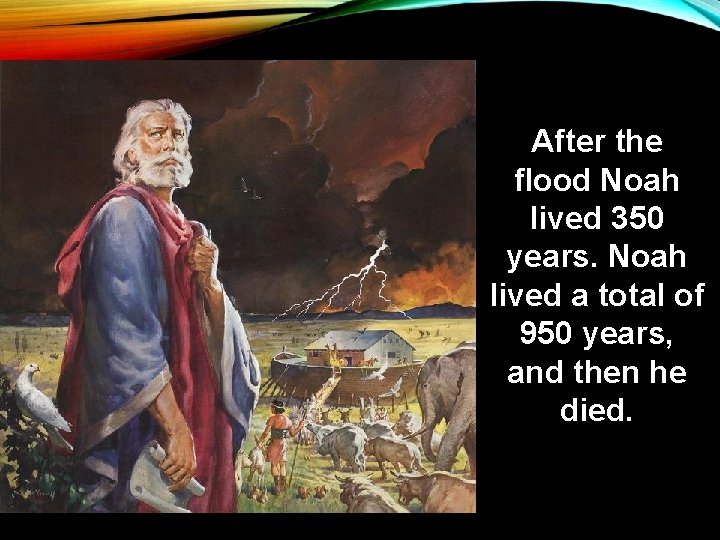 After the flood Noah lived 350 years. Noah lived a total of 950 years,