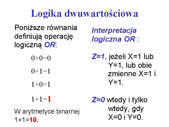 Logika dwuwartościowa Poniższe równania definiują operację logiczną OR: 0+0=0 0+1=1 1+0=1 1+1=1 W arytmetyce