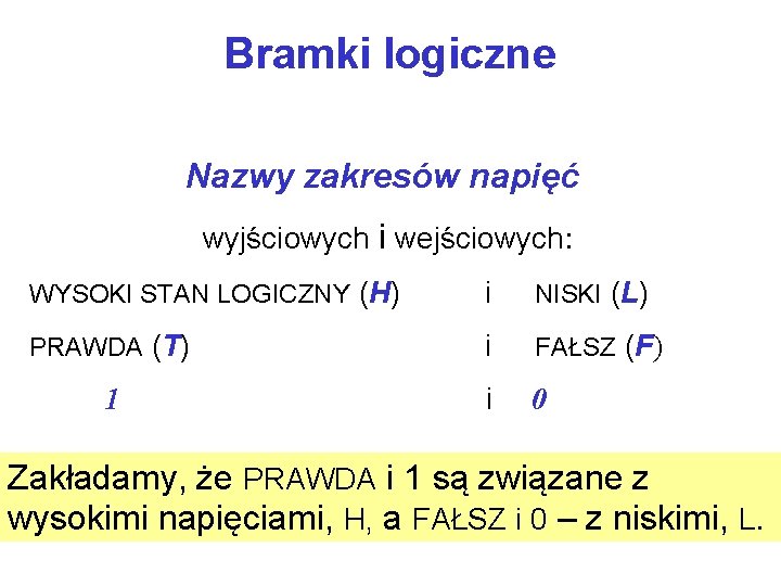 Bramki logiczne Nazwy zakresów napięć wyjściowych i wejściowych: WYSOKI STAN LOGICZNY (H) i NISKI