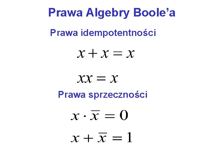 Prawa Algebry Boole’a Prawa idempotentności Prawa sprzeczności 