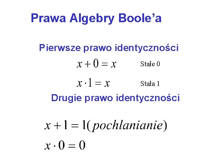 Prawa Algebry Boole’a Pierwsze prawo identyczności Stałe 0 Stała 1 Drugie prawo identyczności 