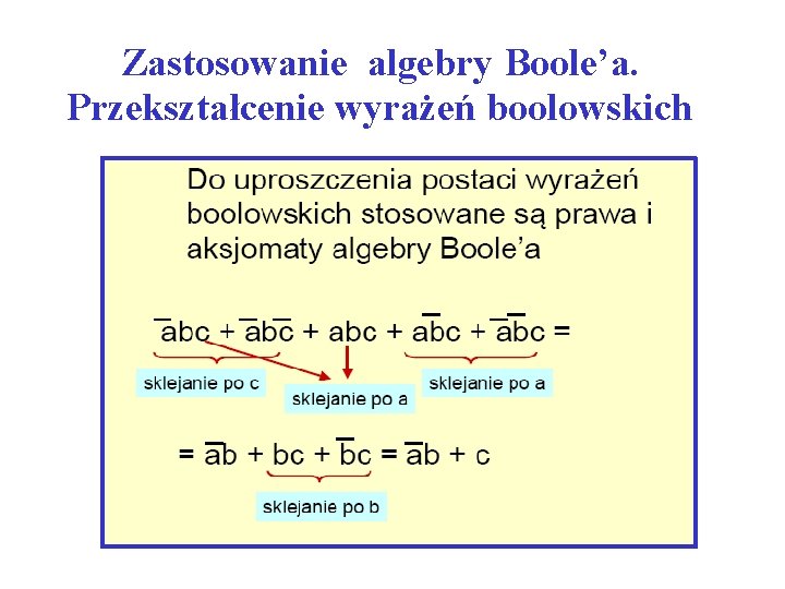 Zastosowanie algebry Boole’a. Przekształcenie wyrażeń boolowskich 