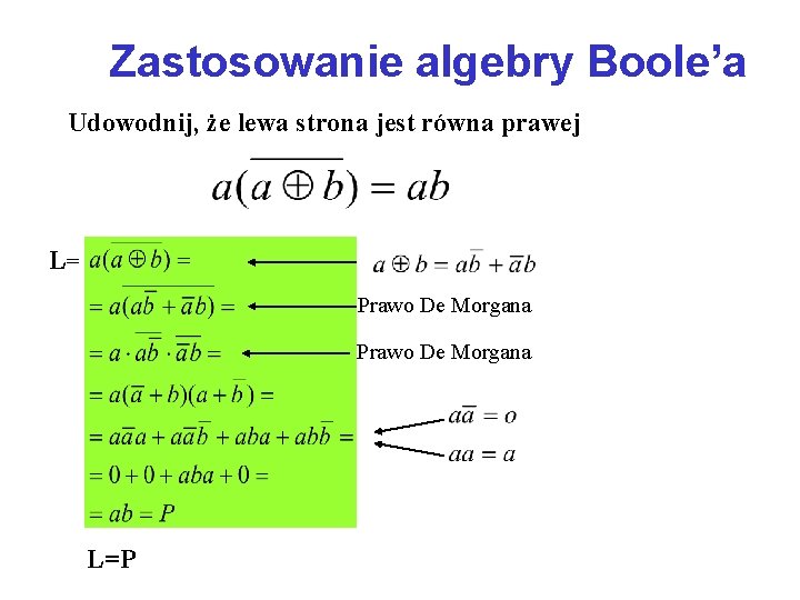 Zastosowanie algebry Boole’a Udowodnij, że lewa strona jest równa prawej L= Prawo De Morgana