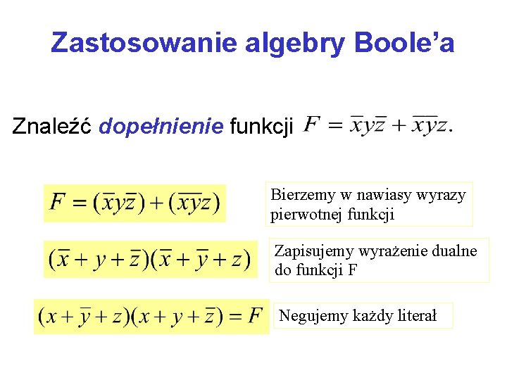 Zastosowanie algebry Boole’a Znaleźć dopełnienie funkcji Bierzemy w nawiasy wyrazy pierwotnej funkcji Zapisujemy wyrażenie