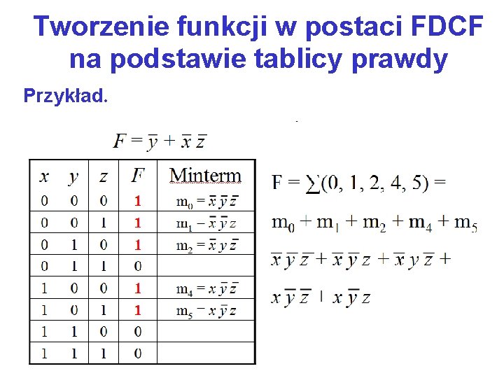 Tworzenie funkcji w postaci FDCF na podstawie tablicy prawdy Przykład. 