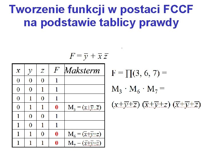 Tworzenie funkcji w postaci FCCF na podstawie tablicy prawdy 