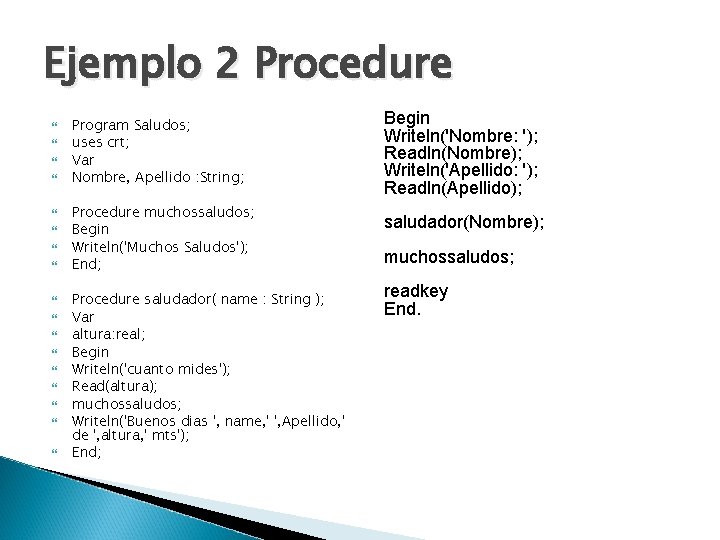 Ejemplo 2 Procedure Program Saludos; uses crt; Var Nombre, Apellido : String; Procedure muchossaludos;