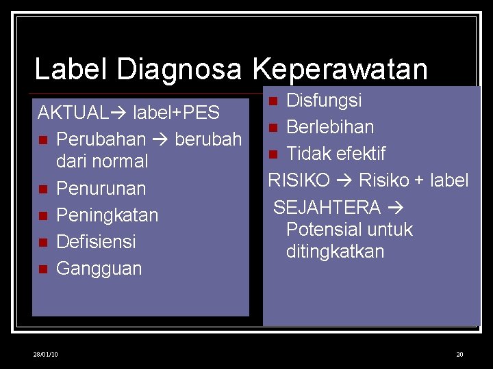 Label Diagnosa Keperawatan AKTUAL label+PES Perubahan berubah dari normal Penurunan Peningkatan Defisiensi Gangguan 28/01/10