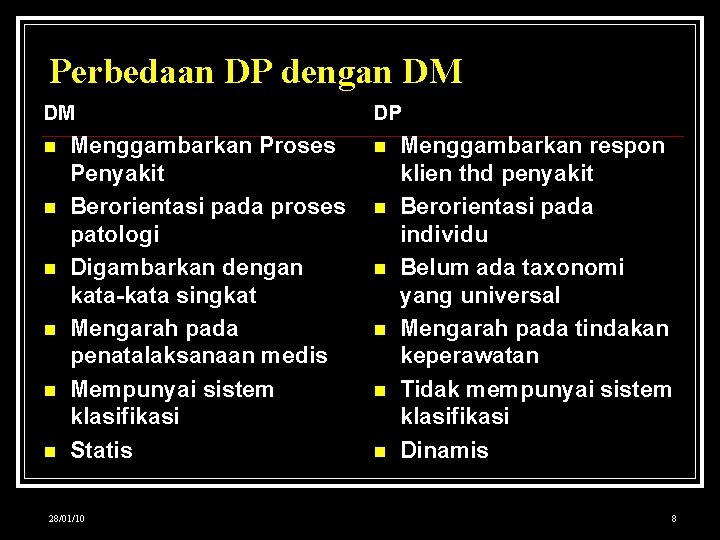 Perbedaan DP dengan DM DM Menggambarkan Proses Penyakit Berorientasi pada proses patologi Digambarkan dengan