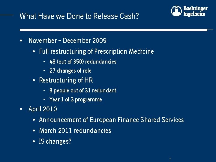 What Have we Done to Release Cash? • November – December 2009 • Full