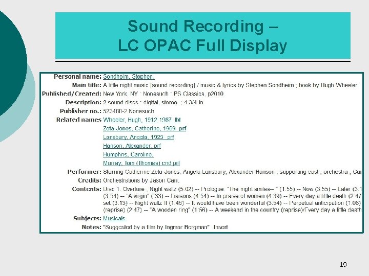 Sound Recording – LC OPAC Full Display 19 