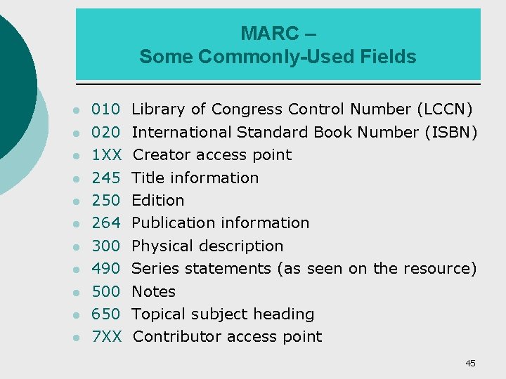 MARC – Some Commonly-Used Fields l l l 010 020 1 XX 245 250
