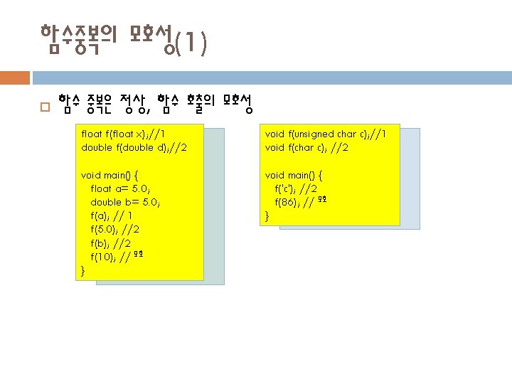 함수중복의 모호성(1) 함수 중복은 정상, 함수 호출의 모호성 float f(float x); //1 f(float x);