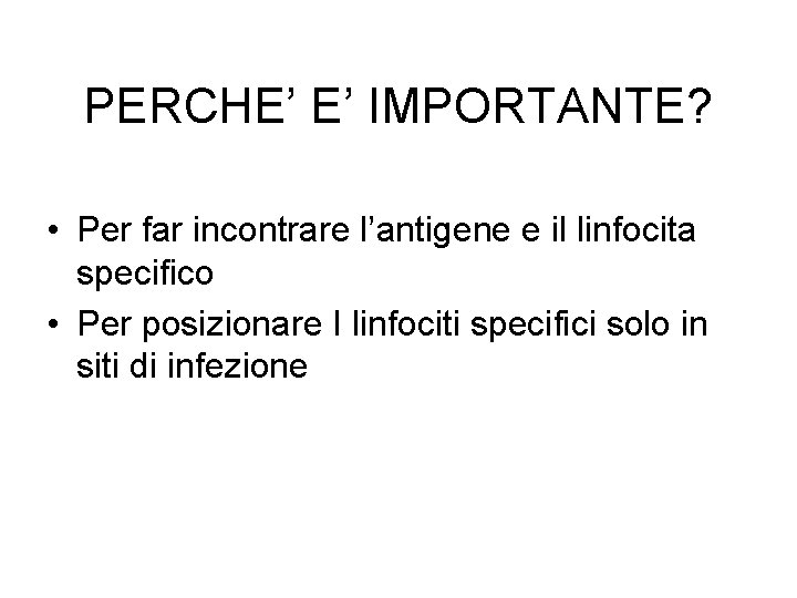 PERCHE’ E’ IMPORTANTE? • Per far incontrare l’antigene e il linfocita specifico • Per