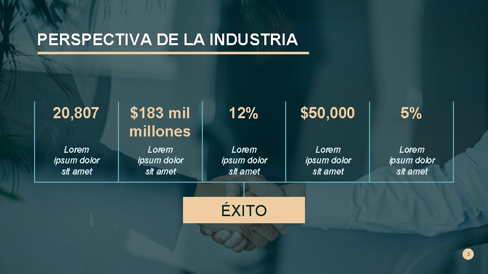 PERSPECTIVA DE LA INDUSTRIA 20, 807 $183 millones 12% $50, 000 5% Lorem ipsum
