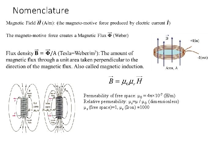 Nomenclature Permeability of free space: µ 0 = 4π× 10 -7 (H/m) Relative permeability: