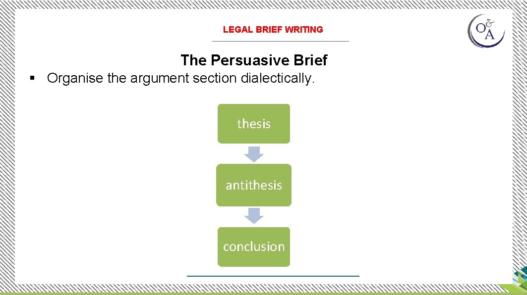 LEGAL BRIEF WRITING The Persuasive Brief § Organise the argument section dialectically. thesis antithesis