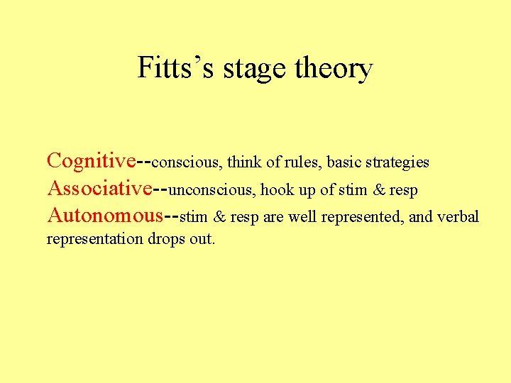 Fitts’s stage theory Cognitive--conscious, think of rules, basic strategies Associative--unconscious, hook up of stim