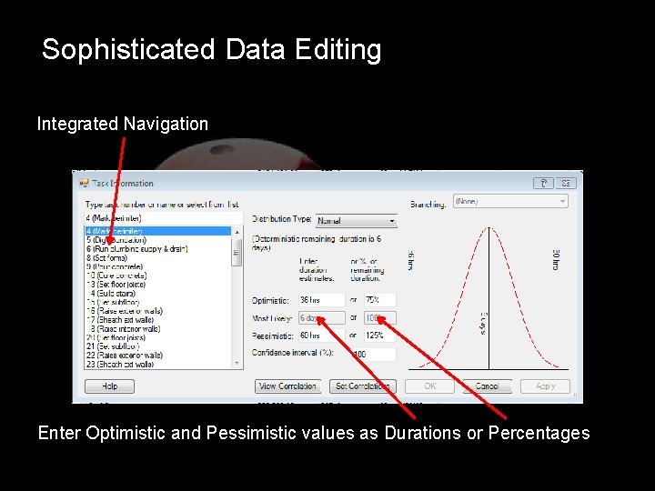 Sophisticated Data Editing Integrated Navigation Enter Optimistic and Pessimistic values as Durations or Percentages