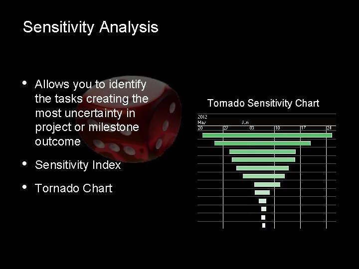 Sensitivity Analysis • • • Allows you to identify the tasks creating the most