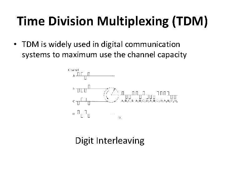 Time Division Multiplexing (TDM) • TDM is widely used in digital communication systems to