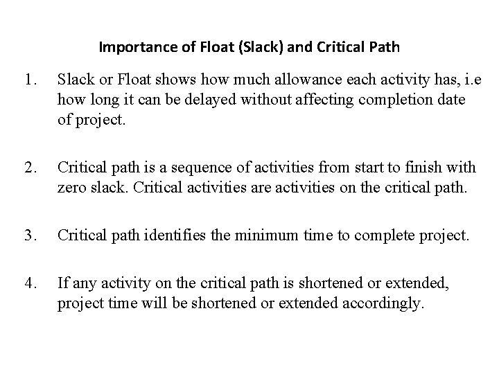 Importance of Float (Slack) and Critical Path 1. Slack or Float shows how much