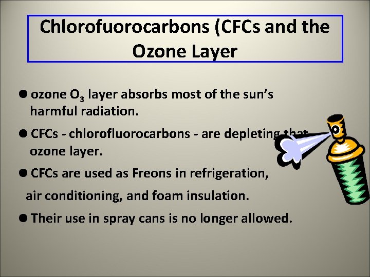 Chlorofuorocarbons (CFCs and the Ozone Layer =ozone O 3 layer absorbs most of the