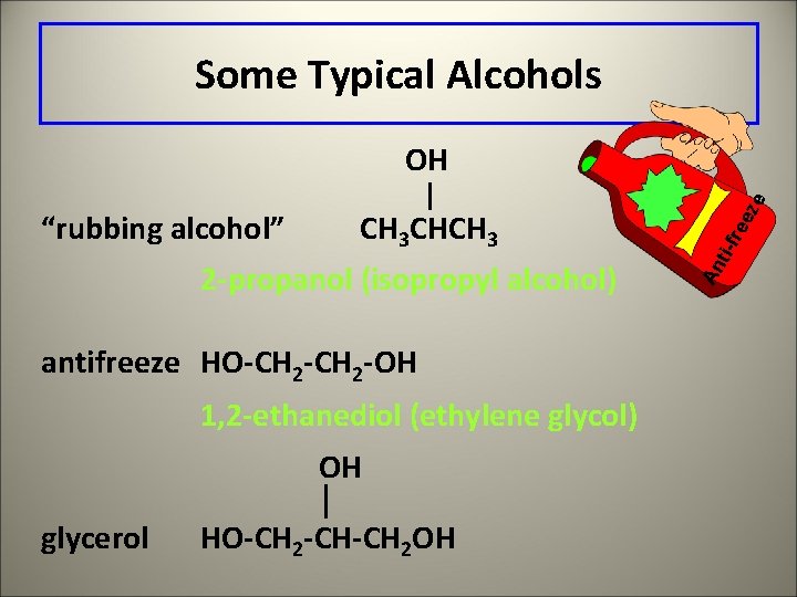 Some Typical Alcohols 2 -propanol (isopropyl alcohol) antifreeze HO-CH 2 -OH 1, 2 -ethanediol