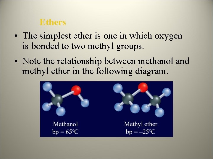 Ethers • The simplest ether is one in which oxygen is bonded to two