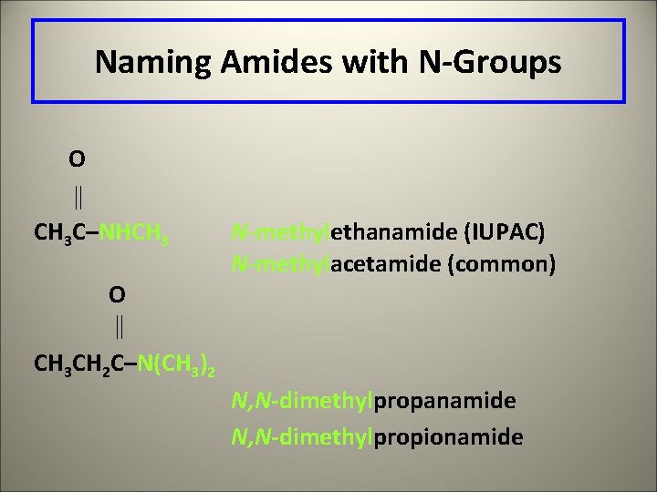 Naming Amides with N-Groups O CH 3 C–NHCH 3 O CH 3 CH 2