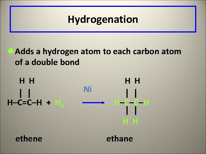 Hydrogenation l Adds a hydrogen atom to each carbon atom of a double bond