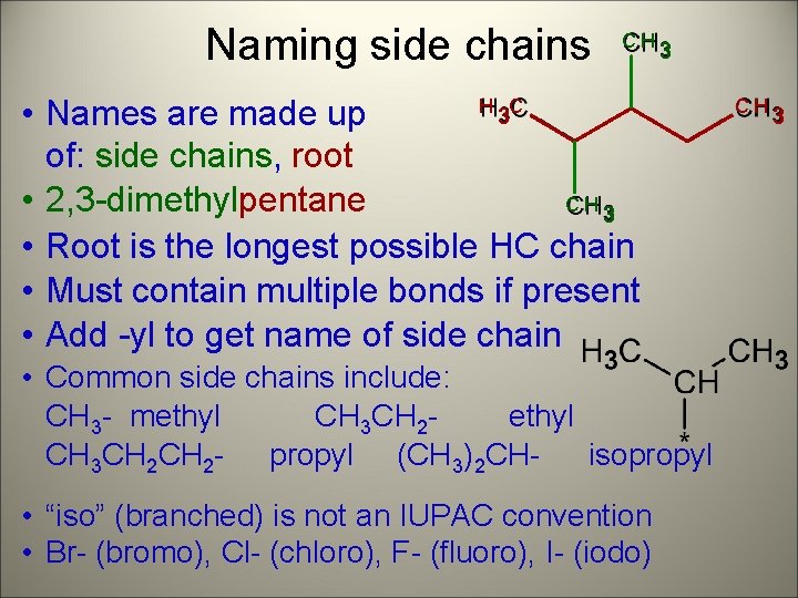 Naming side chains CH 3 H C 3 • Names are made up of: