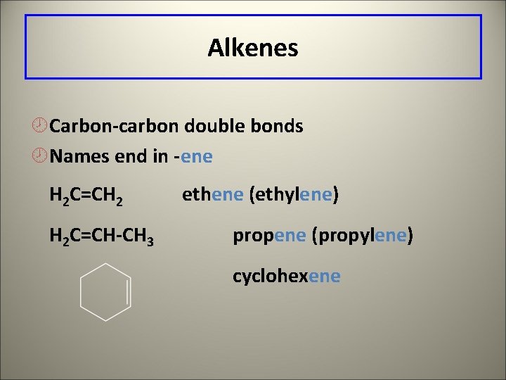 Alkenes ¾Carbon-carbon double bonds ¾Names end in -ene H 2 C=CH 2 H 2