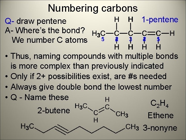 Numbering carbons Q- draw pentene A- Where’s the bond? We number C atoms 1