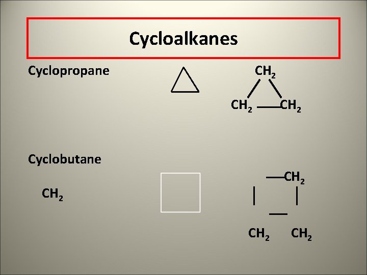 Cycloalkanes Cyclopropane CH 2 Cyclobutane CH 2 CH 2 