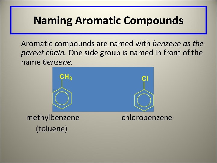 Naming Aromatic Compounds Aromatic compounds are named with benzene as the parent chain. One