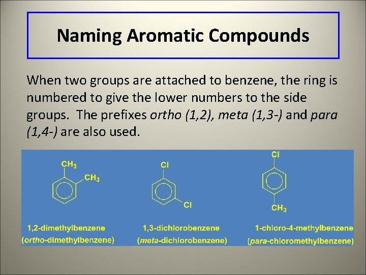 Naming Aromatic Compounds When two groups are attached to benzene, the ring is numbered