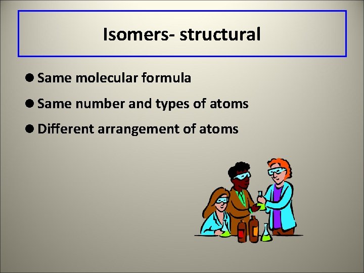 Isomers- structural =Same molecular formula =Same number and types of atoms =Different arrangement of