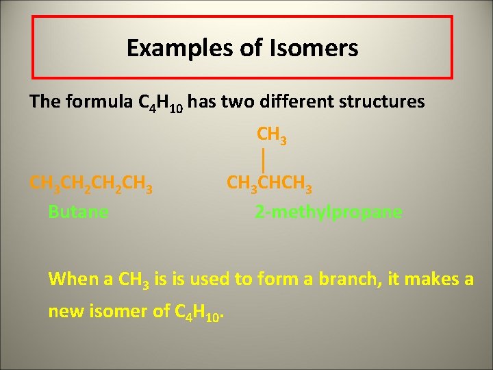 Examples of Isomers The formula C 4 H 10 has two different structures CH