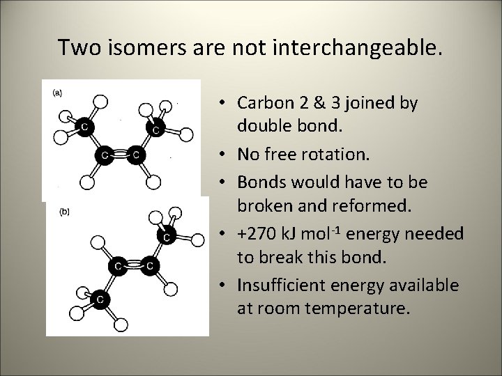 Two isomers are not interchangeable. • Carbon 2 & 3 joined by double bond.